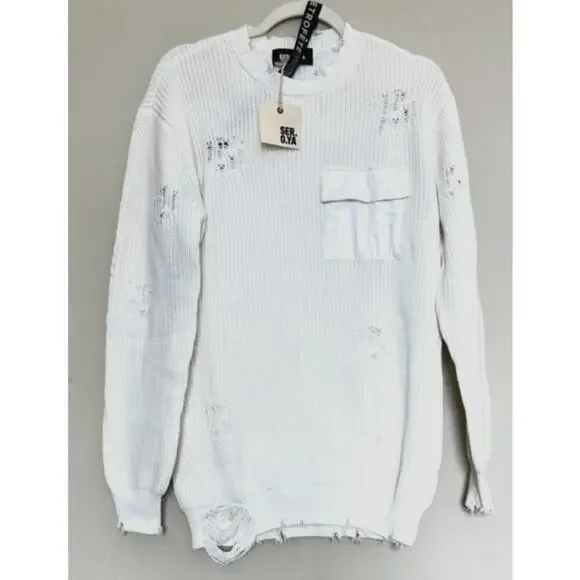 NWT SEROYA Retrofete White Distressed Knit Devin Sweater Oversized Size XS - Picture 3 of 10